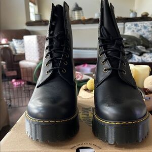 Dr. Martens Black Leather Lace-Up Platform Boots with Yellow Stitching